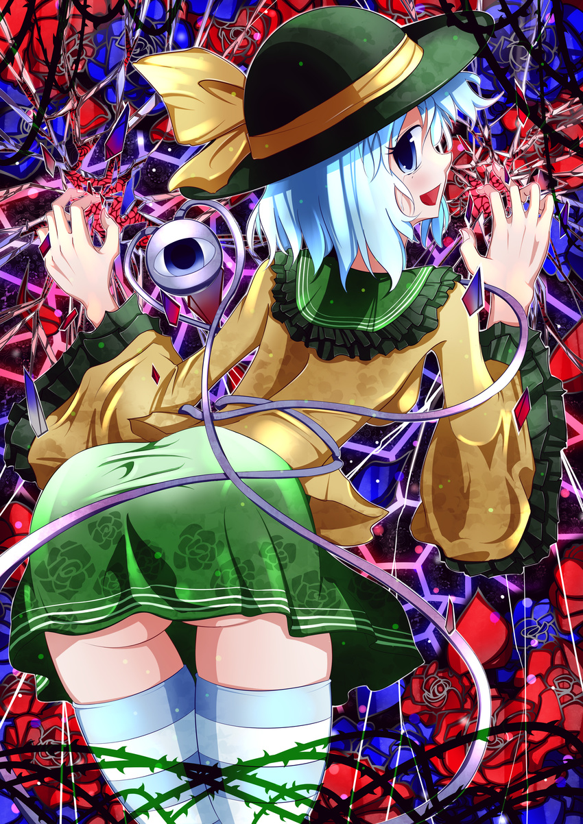 absurdres blue_eyes blue_hair broken eyeball flower glass hat highres komeiji_koishi mura_saki open_mouth short_hair smile solo stained_glass striped striped_legwear tears thighhighs third_eye touhou