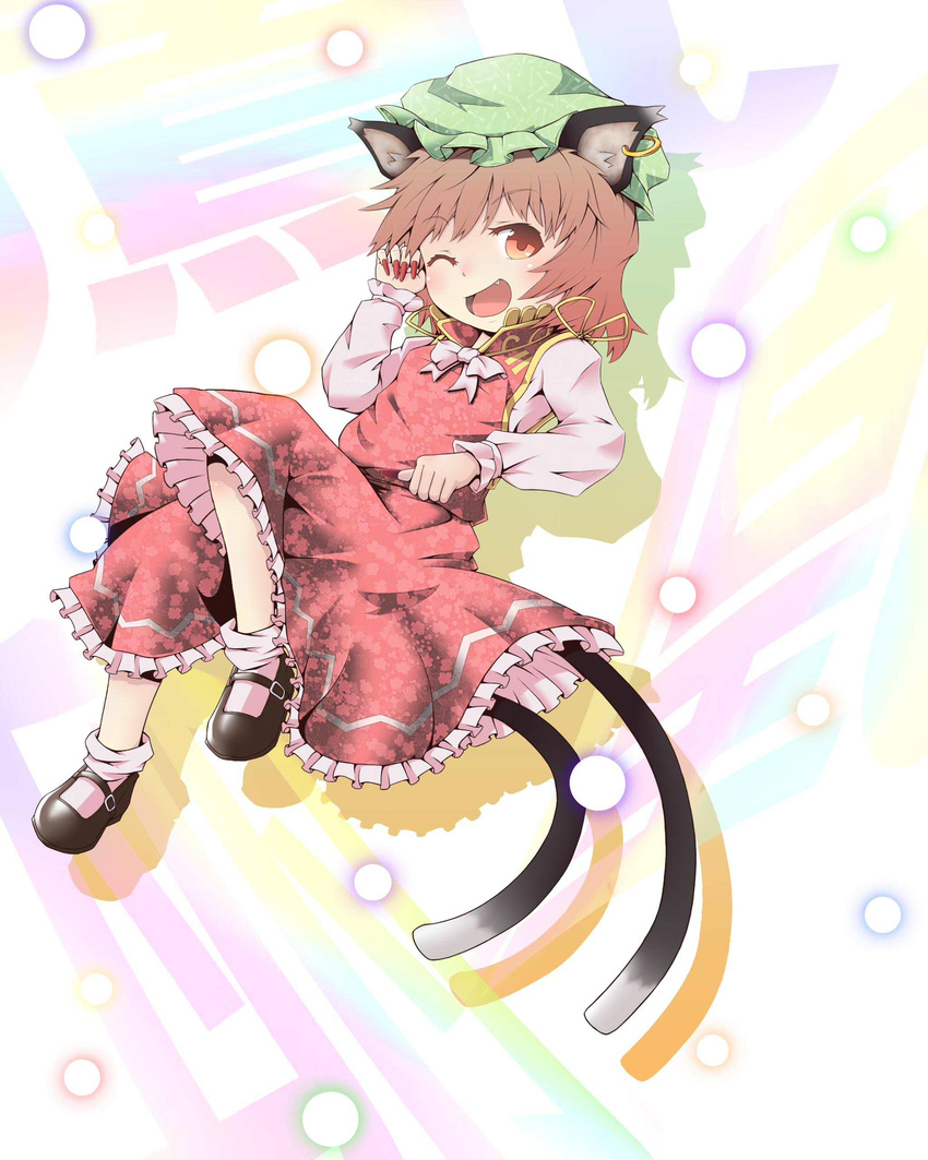 absurdres animal_ears bad_id bad_pixiv_id brown_eyes brown_hair cat_ears cat_tail chen earrings fang fingernails hat highres jewelry long_fingernails mary_janes multiple_tails nail_polish one_eye_closed open_mouth sanuki_(zigzagflamberge) shoes short_hair smile solo tail touhou