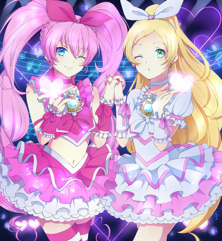 bad_id bad_pixiv_id blonde_hair blown_kiss bow brooch choker cure_melody cure_rhythm dress earrings eyelashes green_eyes heart highres holding_hands houjou_hibiki interlocked_fingers jewelry long_hair magical_girl midriff minamino_kanade multiple_girls musical_note navel one_eye_closed pink_bow pink_choker pink_hair precure skirt staff_(music) striped striped_legwear suite_precure surumeri_(baneiro) thighhighs twintails very_long_hair white_choker wrist_cuffs