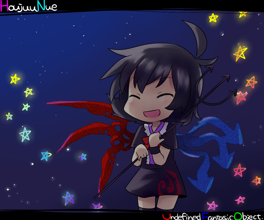 asymmetrical_wings black_hair blue_wings blush character_name chibi copyright_name houjuu_nue open_mouth polearm red_wings short_hair solo thighhighs touhou trident undefined_fantastic_object weapon wings yamabuki_(yusuraume) zettai_ryouiki