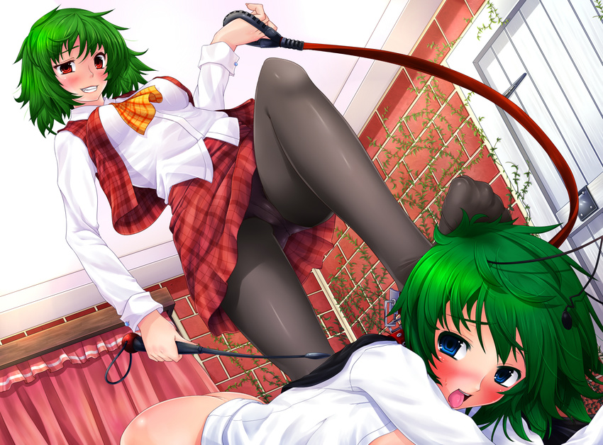 antennae ao_banana ascot ass bad_id bad_pixiv_id bdsm black_legwear blue_eyes blush bottomless breasts brick_wall cape collar crotch_seam feet femdom green_hair grin highres kazami_yuuka leash masochism medium_breasts multiple_girls naughty_face panties panties_under_pantyhose pantyhose plaid plaid_skirt plaid_vest plant red_eyes riding_crop sadism short_hair skirt skirt_set smile tongue touhou trample underwear vest vines whip wriggle_nightbug yuri