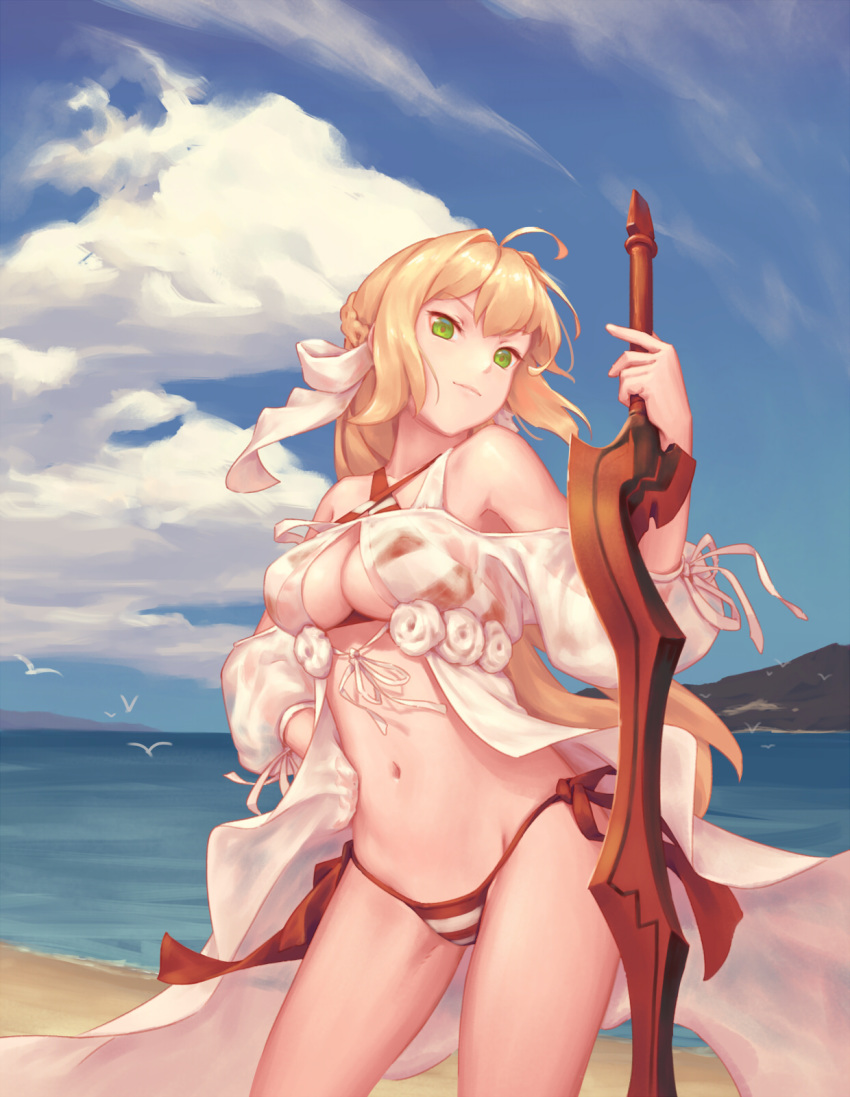 1girl aestus_estus ahoge beach bigrbear bikini bird closed_mouth cloud cloudy_sky commentary_request criss-cross_halter eyebrows_visible_through_hair fate/grand_order fate_(series) feet_out_of_frame green_eyes hair_between_eyes hair_intakes hair_ribbon halter_top halterneck highres navel nero_claudius_(fate) nero_claudius_(fate)_(all) nero_claudius_(swimsuit_caster)_(fate) ocean outdoors red_bikini ribbon seagull side-tie_bikini sky solo striped striped_bikini swimsuit