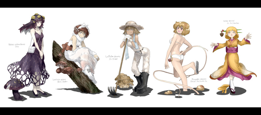 :d ass bag bikini black_hair blonde_hair blush boletus_violaceofuscus boots breasts brown_eyes brown_hair cleavage closed_eyes dress flower gloves hair_flower hair_ornament hairband hairpin handbag hat high_heels highres hoe japanese_clothes kimono leaning lentinula_edodes letterboxed lineup log long_hair lyophyllum_decastes medium_breasts multicolored_hair multiple_girls mushroom nail_polish obi open_mouth oso-teki_kinoko_gijinka_zukan oso_(toolate) pants personification red_eyes rhizopogon_roseolus sandals sash scarf shoes short_hair sitting smile suillus_bovinus swimsuit tabi tail tan tank_top two-tone_hair white_bikini white_swimsuit