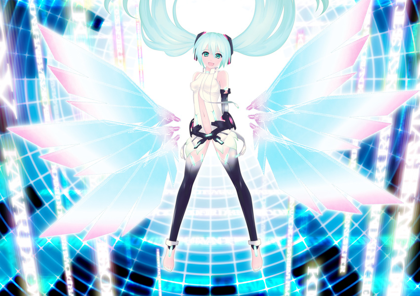 akahige aqua_eyes aqua_hair hatsune_miku miku_append thighhighs tie twintails vocaloid wings