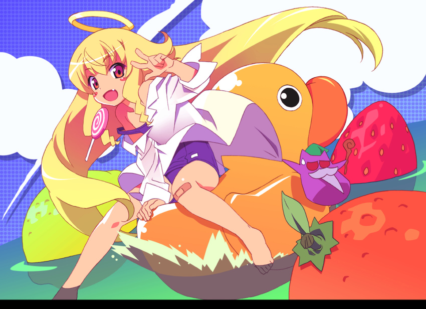 angel angelia_avallone arcana_heart bandaid bandaid_on_knee barefoot blonde_hair candy child fang food fruit halo long_hair no_pants red_eyes rubber_duck school_swimsuit soaking_feet solo strawberry swimsuit swimsuit_under_clothes v very_long_hair watanabe_akio water