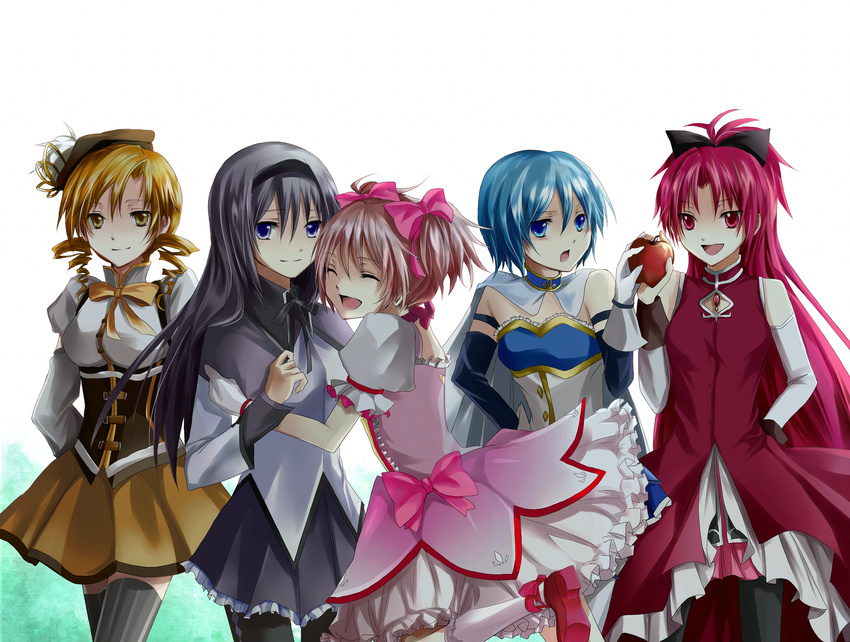 akemi_homura apple bad_id bad_pixiv_id blonde_hair blue_eyes blue_hair bow closed_eyes drill_hair food fruit hair_bow hair_ornament hairband hat highres kaname_madoka magical_girl mahou_shoujo_madoka_magica miki_sayaka multiple_girls pantyhose pink_hair ponytail red_eyes red_hair sakura_kyouko short_hair short_twintails skirt tomoe_mami twin_drills twintails yuki_tsuki_(rinlen)