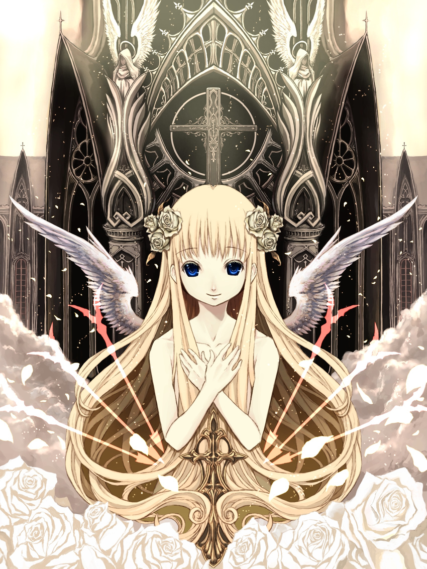 angel_wings blonde_hair blue_eyes child cross flower hand_over_heart hands_on_own_chest highres kooten_bergh_no_youhei long_hair looking_at_viewer nude original smile solo very_long_hair wings