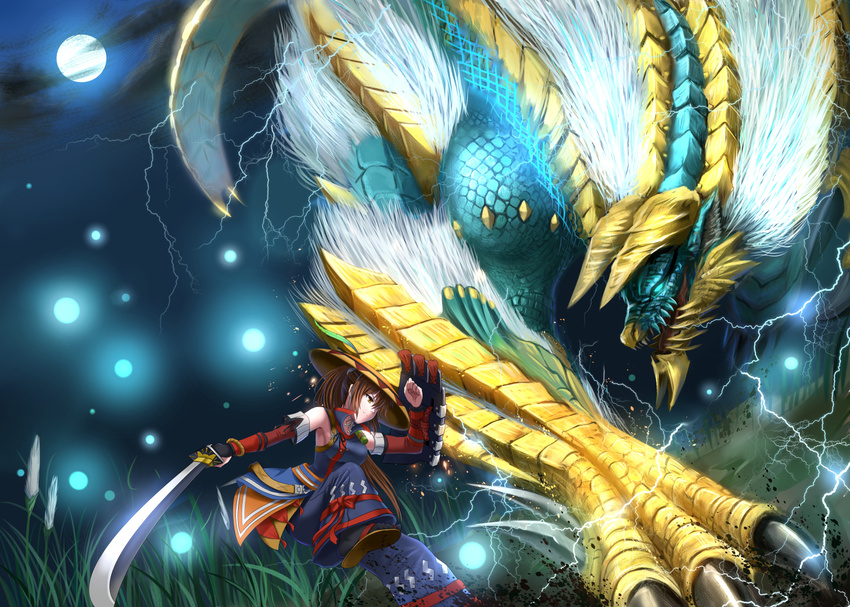 battle brown_eyes brown_hair claws dragon full_moon hat highres horns long_hair monster_hunter monster_hunter_portable_3rd moon ponytail sandals shield sword weapon windtalker wyvern yukumo_(armor) zinogre