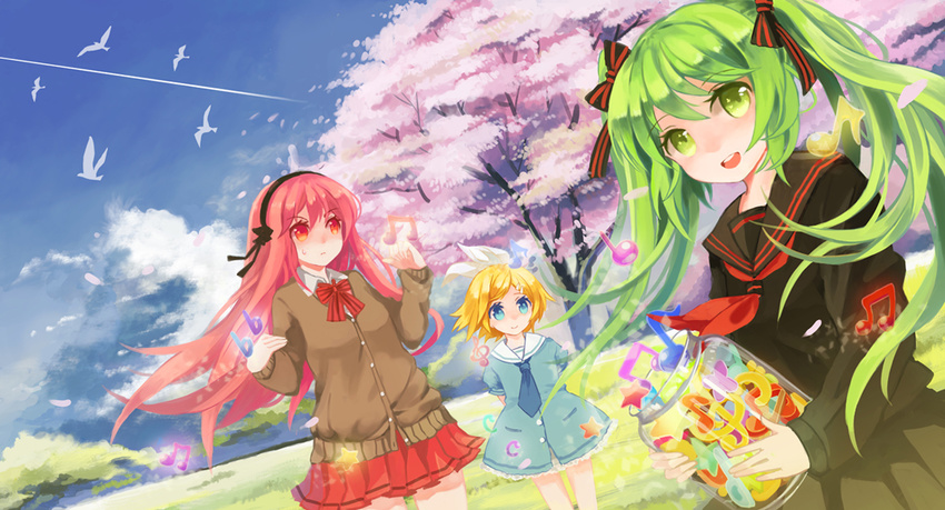 bird blonde_hair blue_eyes bow green_eyes green_hair hair_bow hair_ribbon hairband hatsune_miku jar kagamine_rin long_hair megurine_luka multiple_girls musical_note pink_hair red_eyes ribbon school_uniform serafuku skirt sky smile tsukii vocaloid