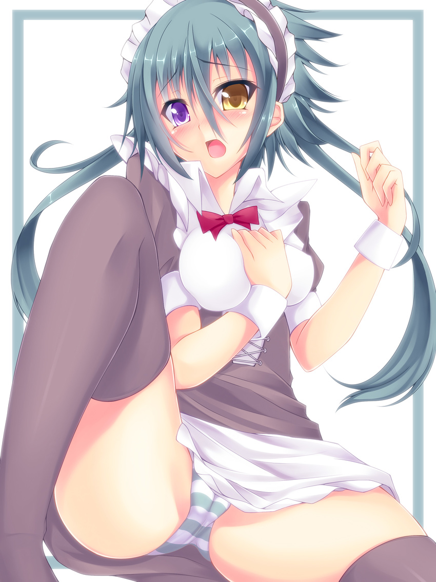 absurdres black_legwear blush breasts cameltoe green_hair heterochromia highres long_hair looking_at_viewer maid maid_headdress medium_breasts open_mouth original panties purple_eyes rebecca_arcane simple_background solo striped striped_panties suterii thighhighs underwear white_background wrist_cuffs yellow_eyes