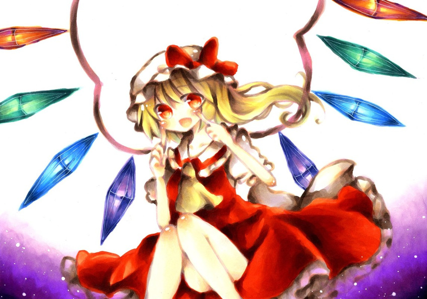 ascot blonde_hair cheek_poking finger_to_face flandre_scarlet hat poking red_eyes side_ponytail solo touhou wings wiriam07