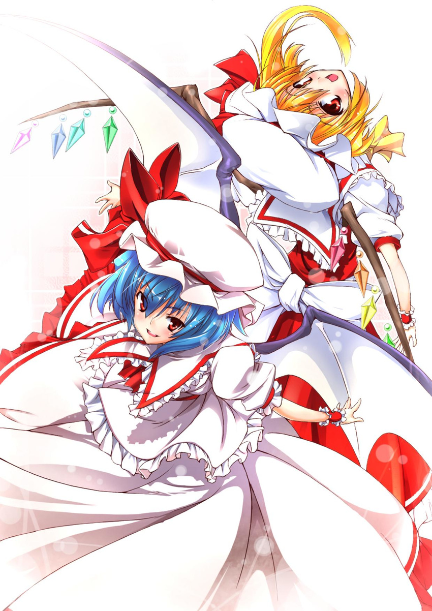 back-to-back bat_wings blonde_hair blue_hair braid flandre_scarlet hat highres jpeg_artifacts looking_at_viewer multiple_girls outstretched_arms red_eyes remilia_scarlet short_hair siblings side_ponytail sisters spread_arms sukuna_(artist) touhou twin_braids wings wrist_cuffs