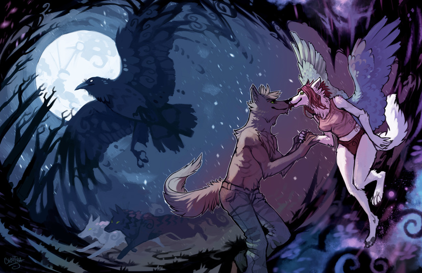 bird canine centradragon commission cool_colors couple crow female field forest full_moon kissing maelstrom male mammal moon nuzzle raven scenery snow soryane spirals swirl tree wings wolf wolffers wood