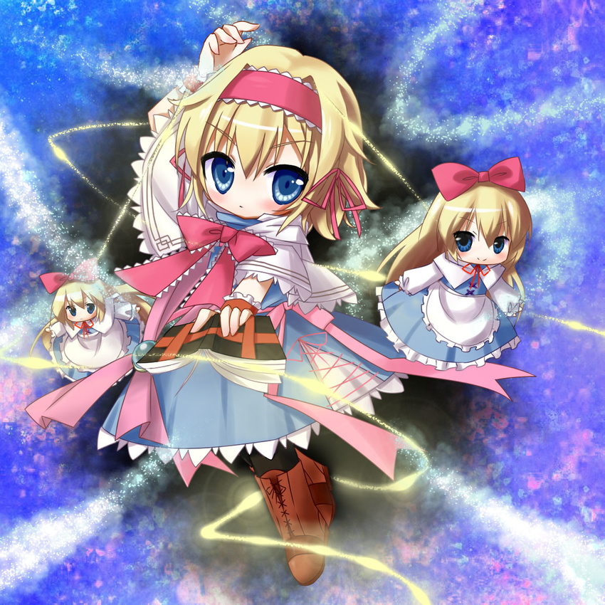 alice_margatroid blonde_hair blue_eyes blush book boots capelet chibi cross-laced_footwear hairband lace-up_boots shanghai_doll short_hair silver15 smile solo touhou wrist_cuffs