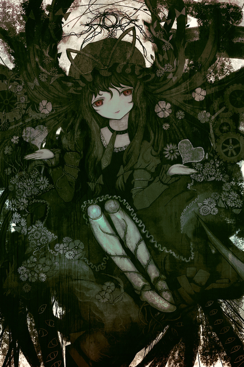 absurdres bad_id bad_pixiv_id cong1991 doll_joints eyes flower gears greyscale hat heart highres long_hair monochrome plant solo thorns touhou vines yakumo_yukari