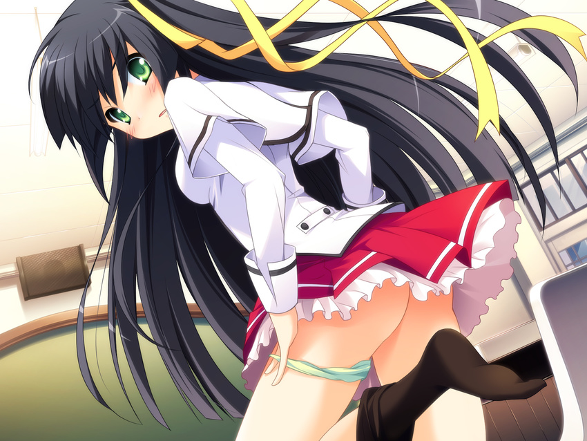 black_hair blush game_cg green_eyes long_hair love_kami seifuku underwear undressing