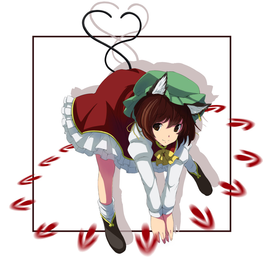 animal_ears bad_id bad_pixiv_id bent_over brown_eyes brown_hair cat_ears cat_tail chen danmaku hat highres jewelry motion_blur multiple_tails short_hair simple_background single_earring smile solo tail touhou tsuttsu v_arms