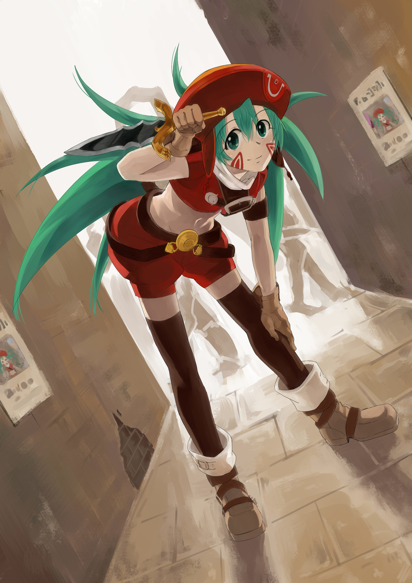 .hack//quantum 1girl absurdres ankle_boots aqua_eyes aqua_hair bent_over black_legwear boots dutch_angle error facial_mark gloves hand_on_own_knee hat highres knife long_hair looking_at_viewer midriff navel reverse_grip sakuya_(.hack//) shorts solo thighhighs twintails yomio