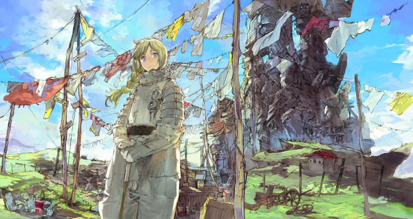 blonde_hair blue_eyes clothes cloud day highres landscape original sky solo toi8 tower washing wheel