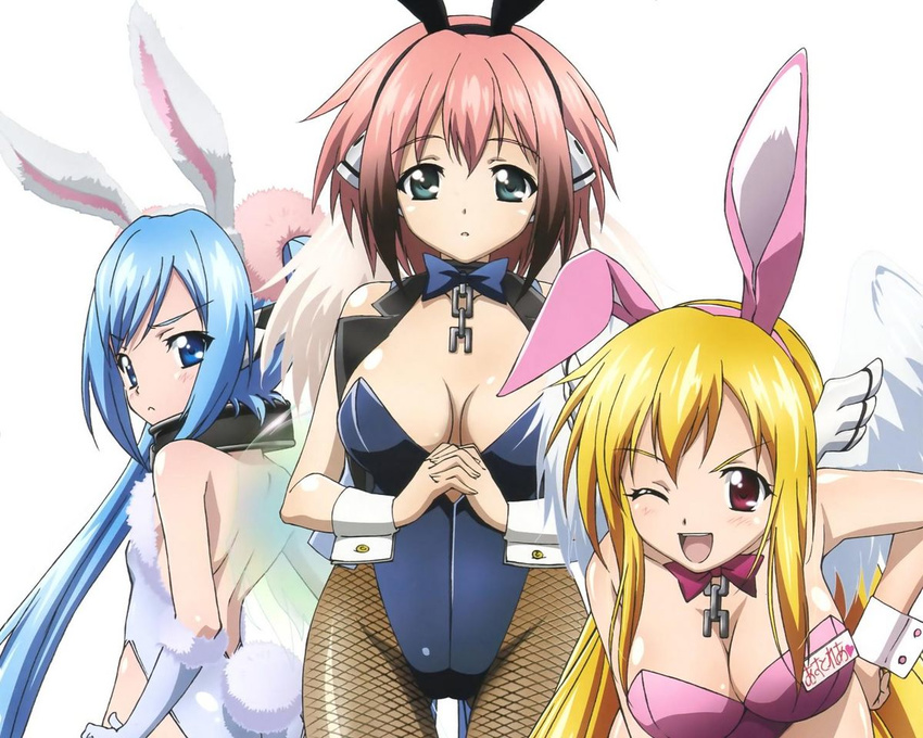 3girls angel animal_ears aqua_hair astraea blonde_hair blue_eyes blush breasts brown_hair bunny_girl bunnysuit cleavage female green_eyes ikaros large_breasts long_hair looking_back multiple_girls nymph_(sora_no_otoshimono) open_mouth red_eyes short_hair smile sora_no_otoshimono tail wings wink