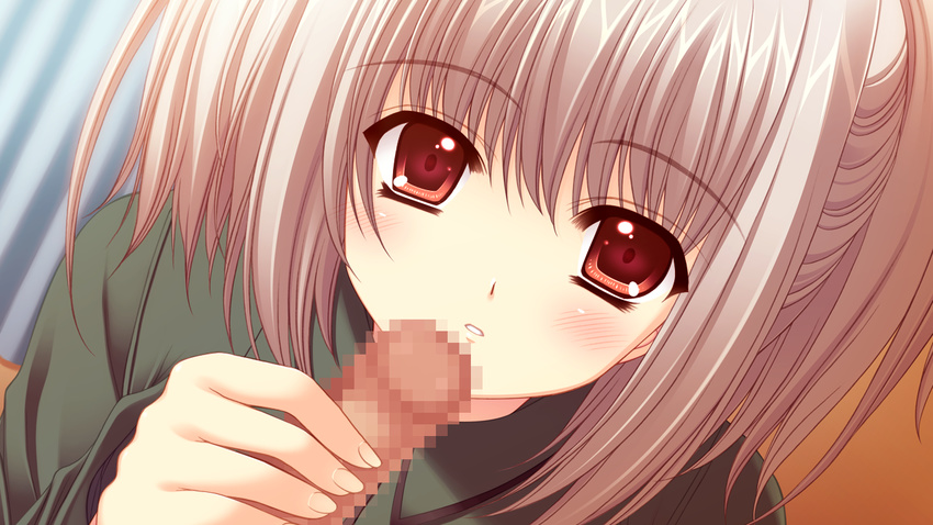 censored close fellatio game_cg gray_hair kona_nako nishimata_aoi penis red_eyes sekai_seifuku_kanojo