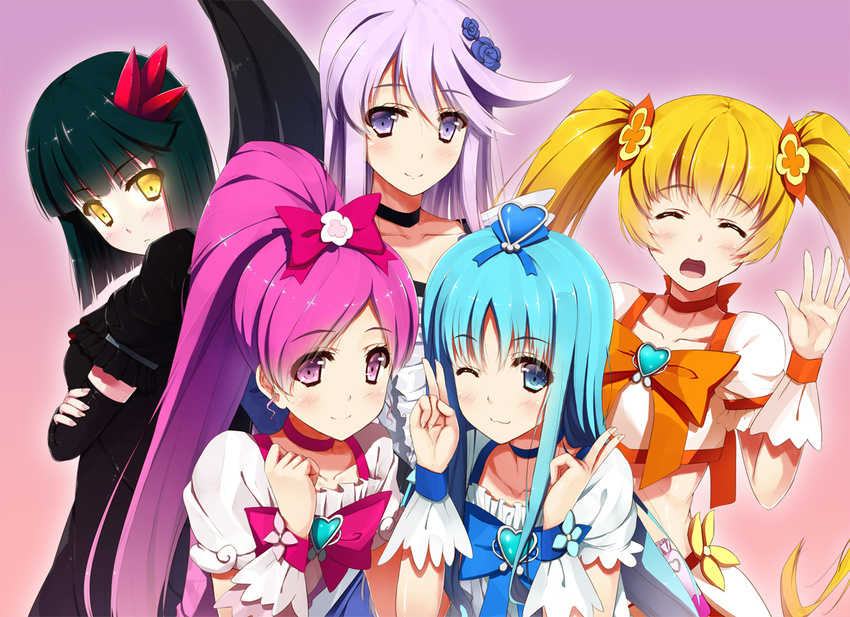 :3 :d black_choker black_hair blonde_hair blue_choker blue_eyes blue_hair blush bob_cut bow breast_hold breasts choker collarbone crossed_arms cure_blossom cure_marine cure_moonlight cure_sunshine dark_precure dress elbow_gloves gloves hanasaki_tsubomi heartcatch_precure! kurumi_erika lavender_hair long_hair magical_girl multiple_girls myoudouin_itsuki one_eye_closed open_mouth orange_bow orange_choker pink_bow pink_choker pink_eyes pink_hair ponytail precure purple_background purple_eyes siva_(executor) smile tsukikage_yuri twintails v yellow_eyes