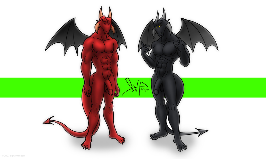 balls bgn claws demon grin hi_res horns male muscles nude penis scalie standing tail wings yellow_eyes