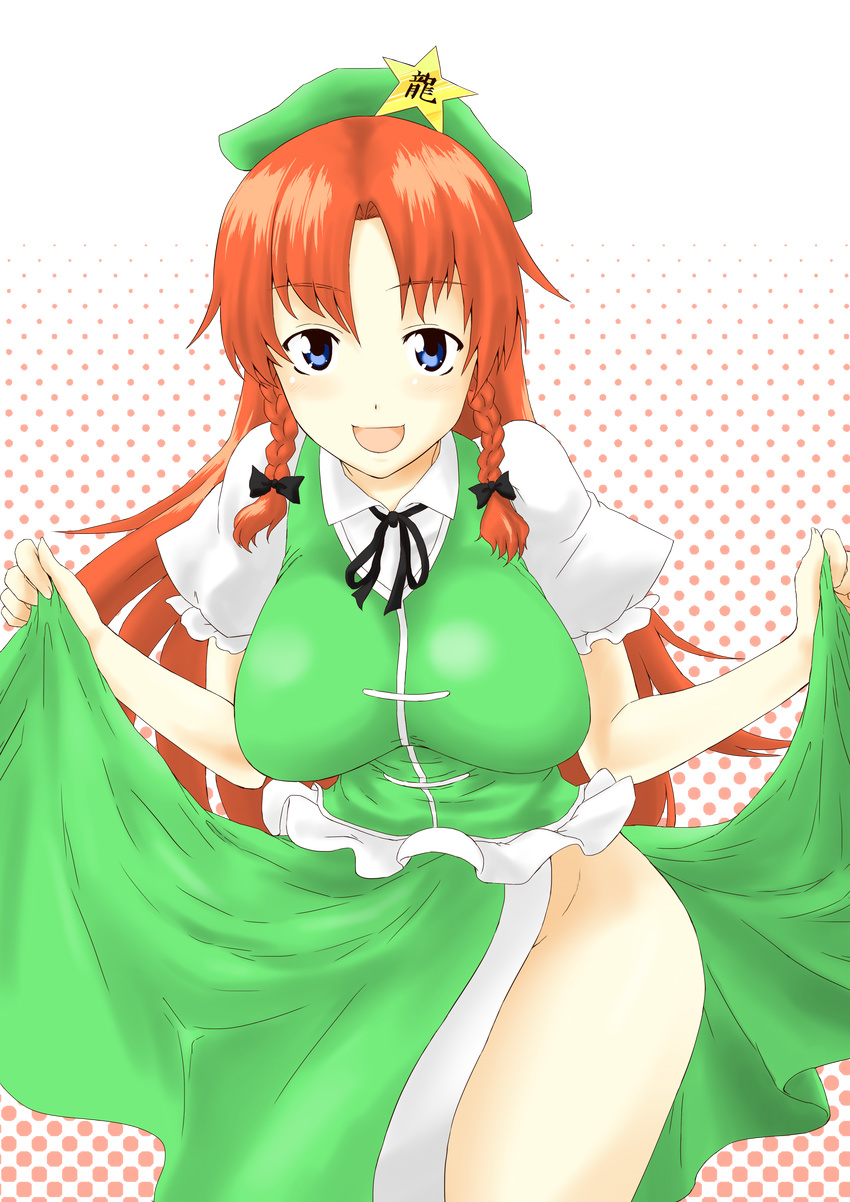 absurdres blue_eyes braid breasts highres hong_meiling hotpants_(i'm_hot_yet!) large_breasts long_hair red_hair solo touhou twin_braids