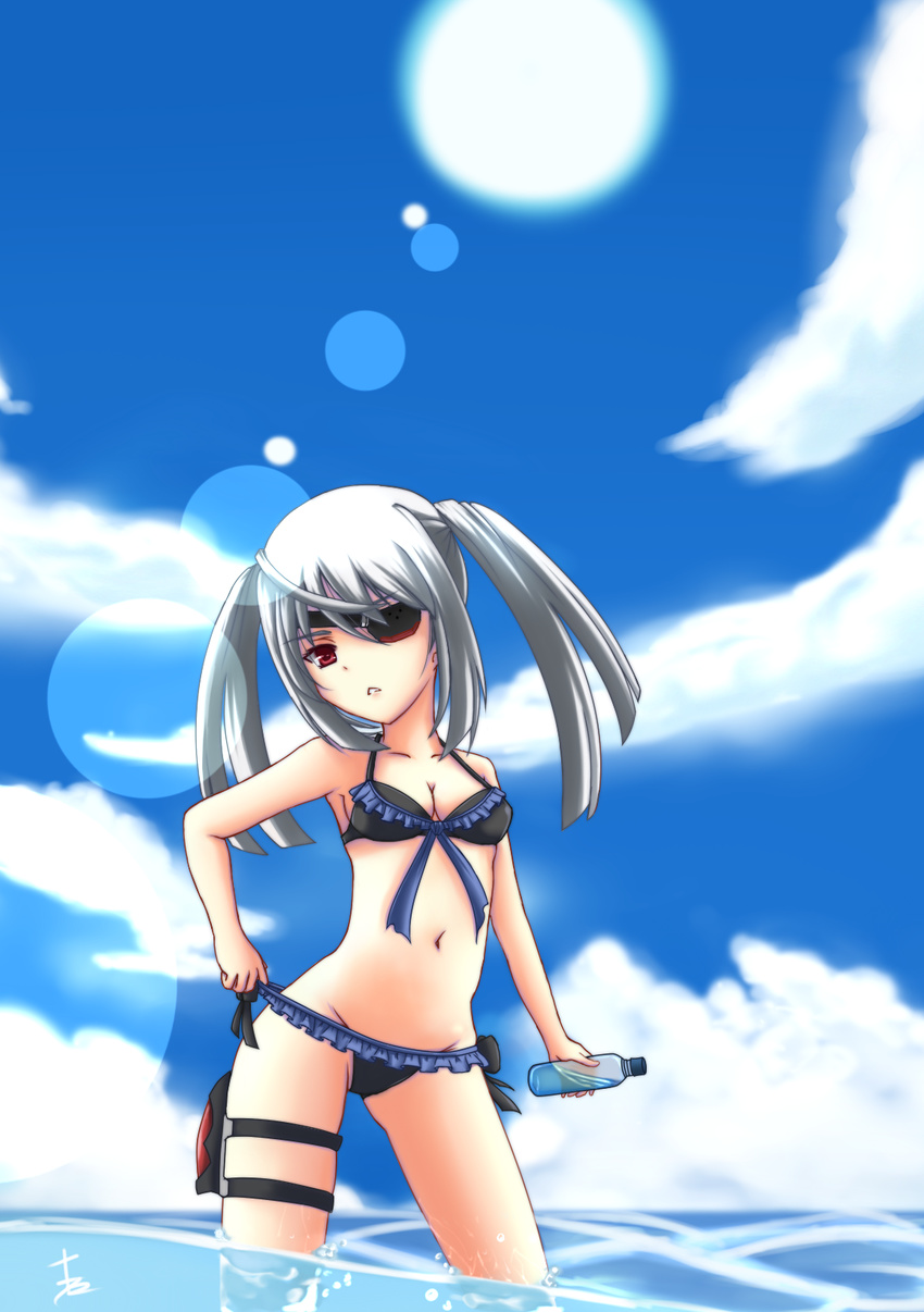 bad_id bad_pixiv_id bottle eyepatch highres infinite_stratos laura_bodewig lens_flare long_hair red_eyes silver_hair solo sun thigh_strap topzter twintails wading