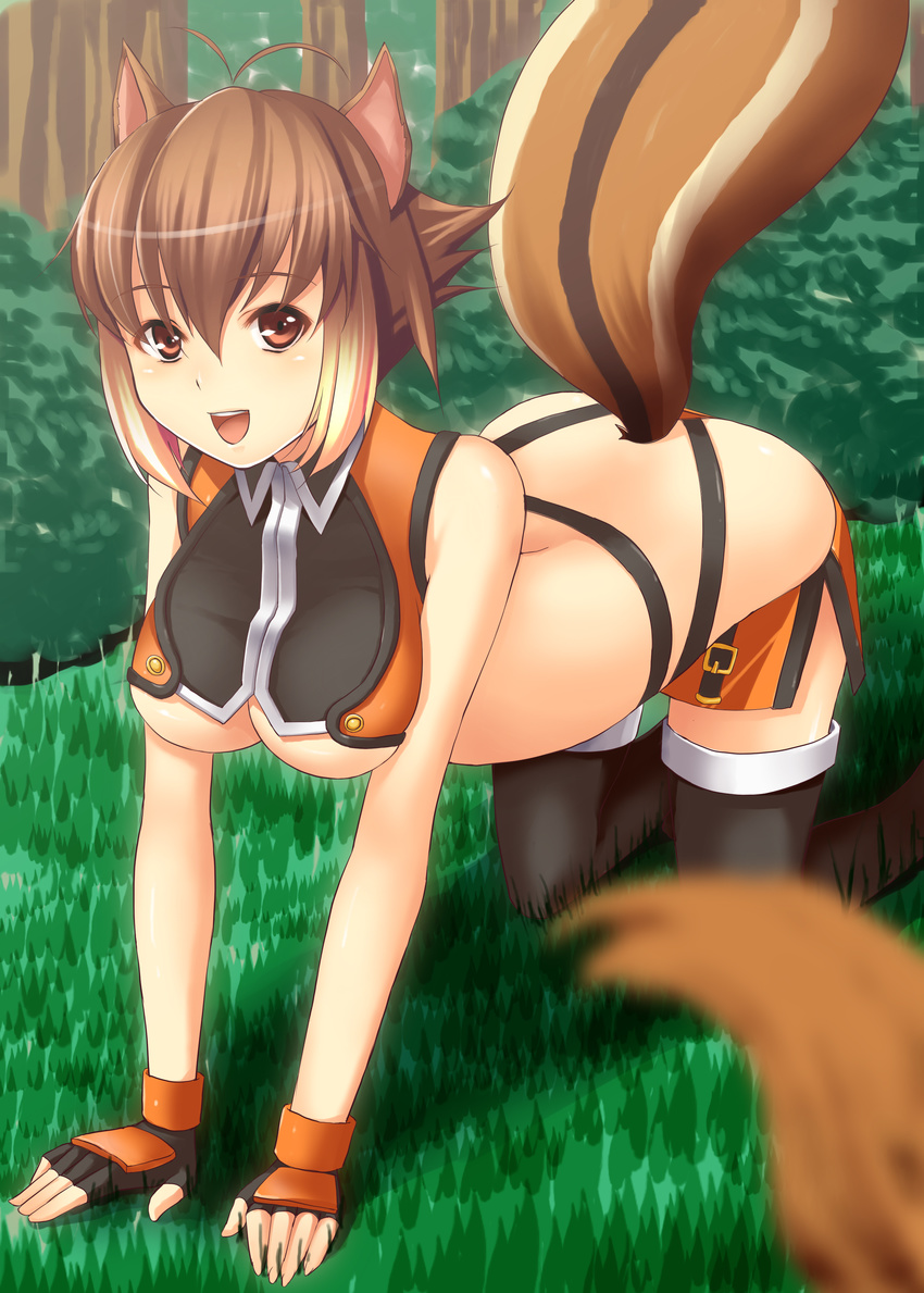 absurdres ahoge all_fours animal_ears bad_revision bare_shoulders blazblue breasts brown_eyes brown_hair crawling downscaled_revision fingerless_gloves gloves highres large_breasts makoto_nanaya md5_mismatch midriff miniskirt multicolored_hair panties revealing_clothes rick.black short_hair skirt smile solo squirrel_ears squirrel_tail tail thighhighs thighs thong underboob underwear