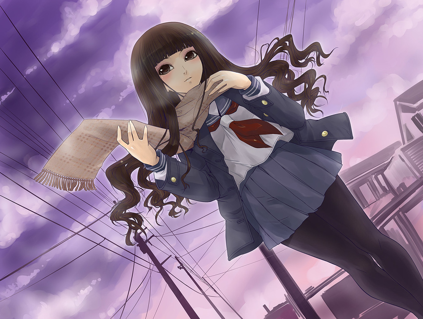 bangs blazer blunt_bangs brown_eyes brown_hair cloud dutch_angle itoshiki_rin jacket kazu long_hair pantyhose power_lines sayonara_zetsubou_sensei scarf school_uniform serafuku skirt sky solo