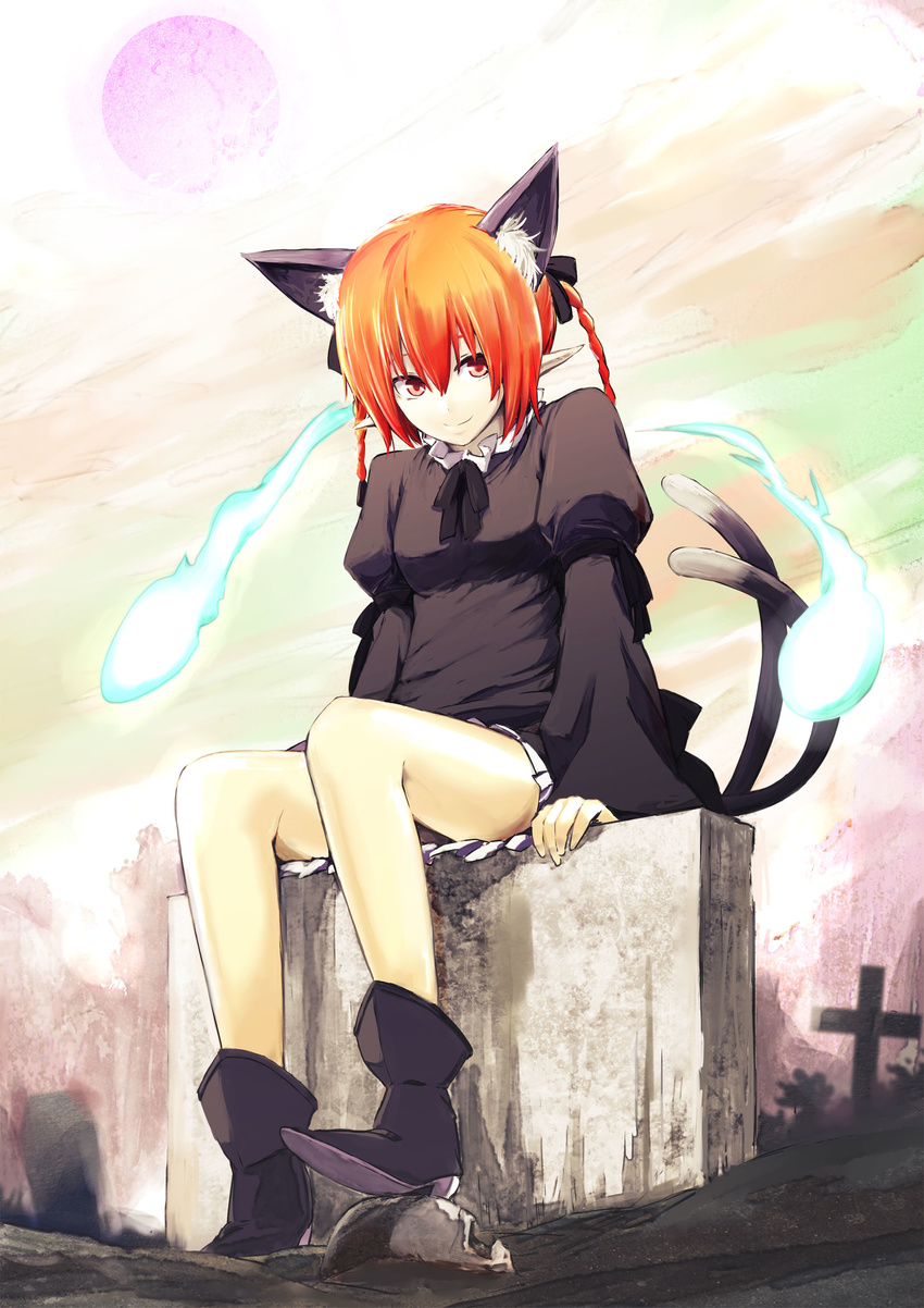absurdres animal_ears bad_id bad_pixiv_id boots braid cat_ears cat_tail extra_ears high_heels highres hitodama kaenbyou_rin lefthand legs pointy_ears red_eyes red_hair shoes short_hair smile solo tail touhou twin_braids twintails