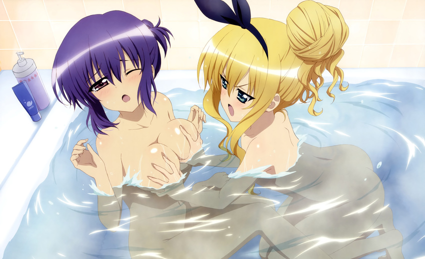 2girls bath blonde_hair blush breast_grab cleavage fujiwara_natsuko isurugi_mio mm! nude purple_hair scan yuuno_arashiko