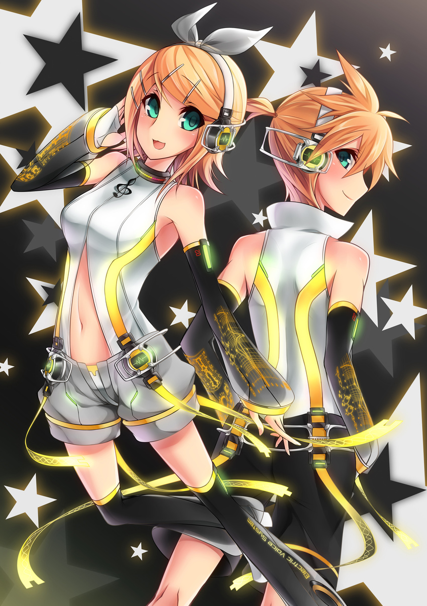 1girl :3 absurdres aqua_eyes arm_warmers bad_id bad_pixiv_id bare_shoulders black_legwear blonde_hair brother_and_sister detached_sleeves fingerless_gloves gloves hair_ornament hair_ribbon hairclip headphones highres kagamine_len kagamine_len_(append) kagamine_rin kagamine_rin_(append) leg_warmers looking_back navel open_mouth popped_collar ribbon short_hair shorts siblings sigm@ smile star thighhighs twins vocaloid vocaloid_append