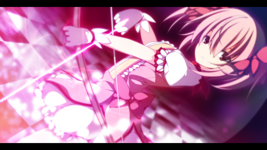 bad_id bad_pixiv_id bubble_skirt checkered checkered_floor dutch_angle gloves highres kaname_madoka letterboxed magical_girl mahou_shoujo_madoka_magica pink_eyes pink_hair sakurame short_twintails skirt solo twintails wallpaper weapon