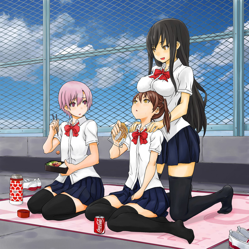 :&lt; black_hair breast_rest breasts breasts_on_head brown_eyes brown_hair chain-link_fence coca-cola eating fence food frown highres joy_(joy-max) kneeling large_breasts long_hair looking_up medium_breasts multiple_girls original pink_eyes pink_hair product_placement rooftop school_uniform seiza short_hair sitting thighhighs yellow_eyes yokozuwari