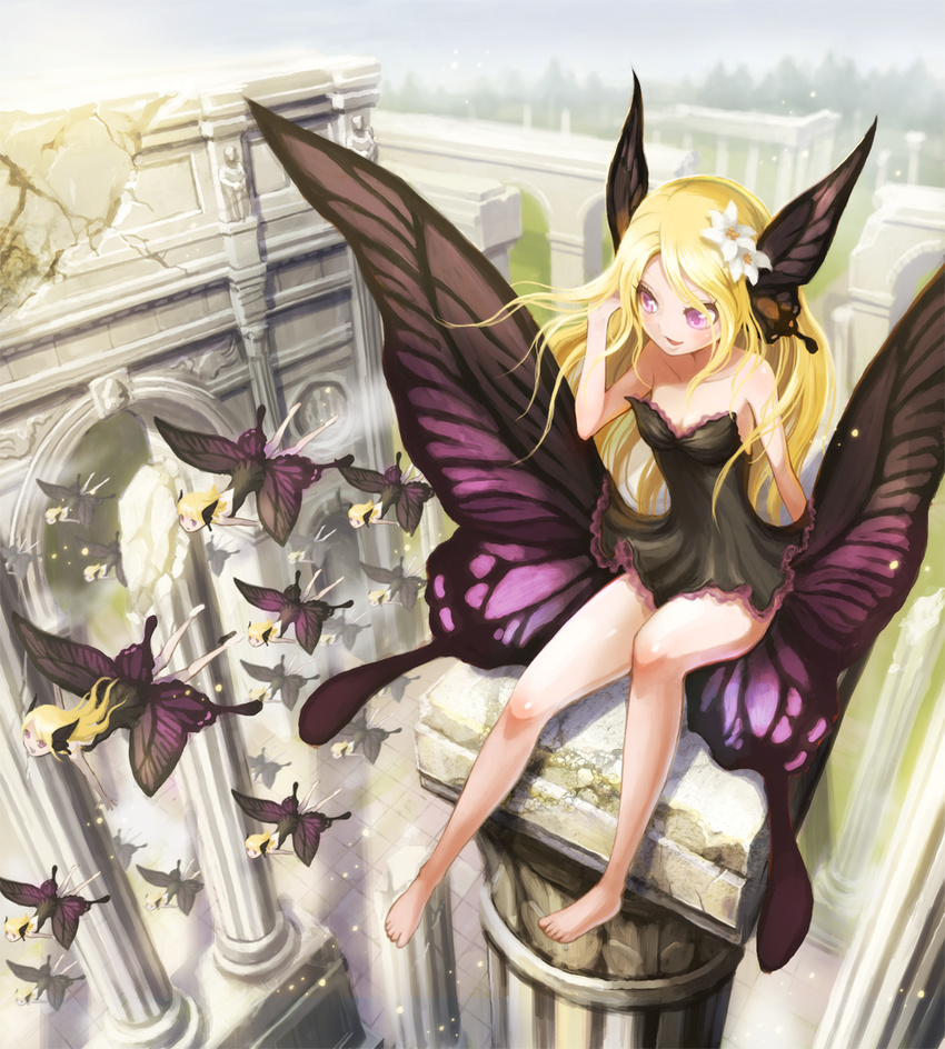 architecture bare_legs bare_shoulders barefoot blonde_hair blush bug butterfly butterfly_wings crack fairy feet flower flying from_above hair_flower hair_ornament hand_in_hair head_wings highres insect light_smile long_hair low_wings multiple_girls original pillar purple_eyes sitting solo_focus ume_(illegal_bible) wings