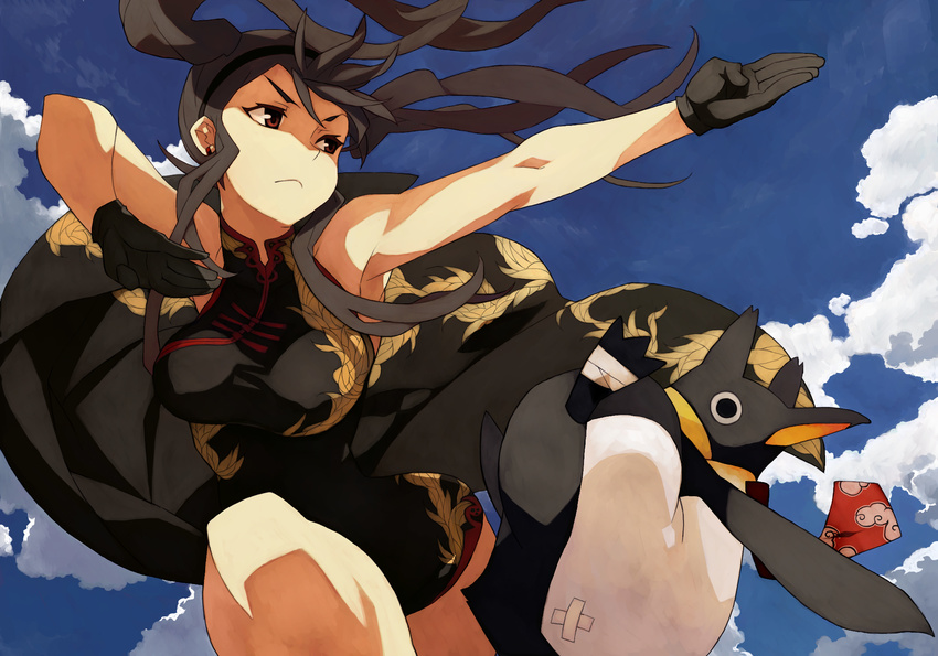 bare_shoulders bird black_hair breasts brown_eyes china_dress chinese_clothes cloud dress earrings fighting_stance gloves hairband highres jewelry large_breasts long_hair original penguin penguin_caee sky solo twintails