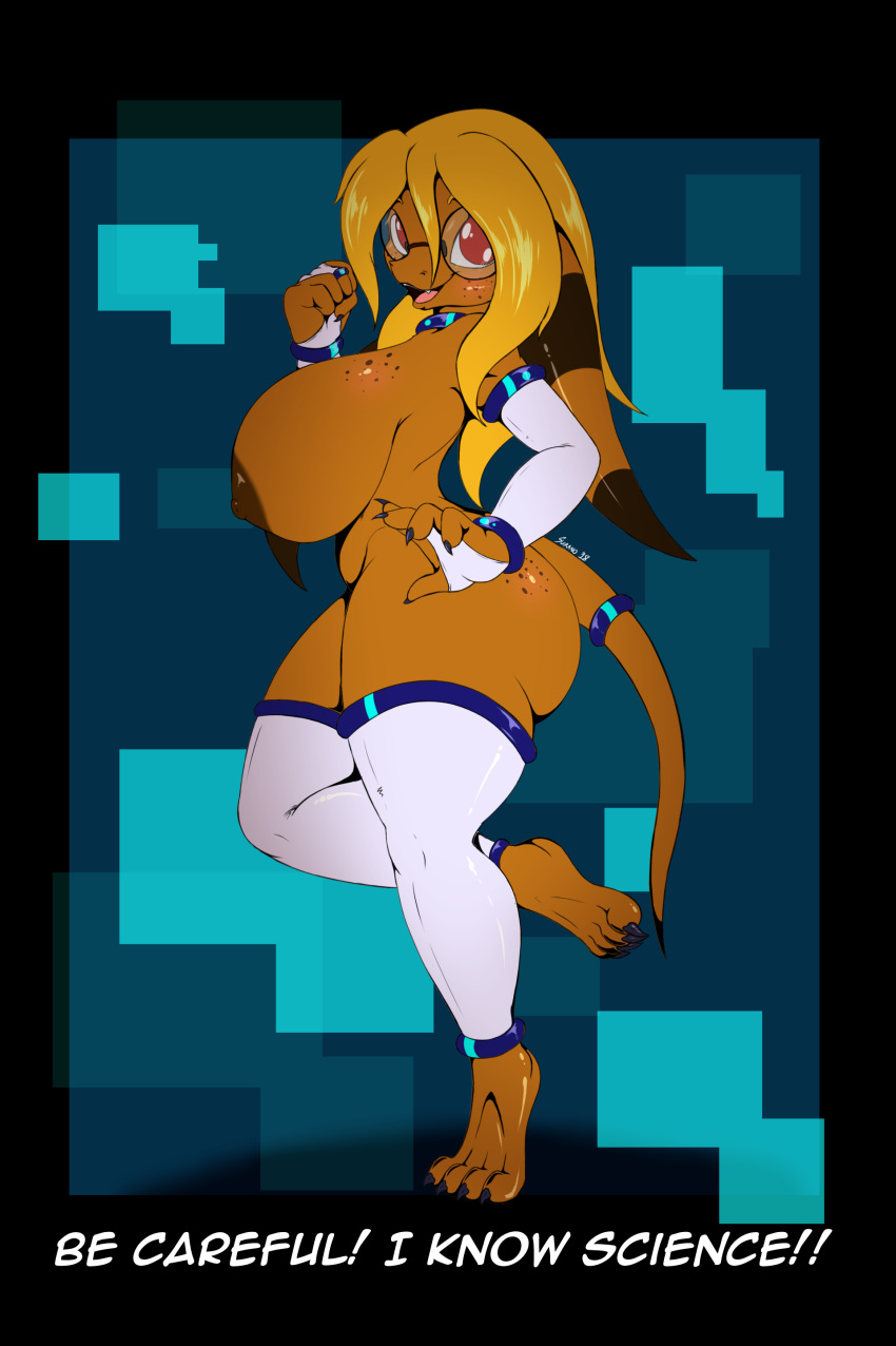 4_toes 5_fingers absurd_res allin anthro areola armwear big_breasts breasts clothing digital_media_(artwork) english_text eyewear female freckles glasses hair hi_res huge_breasts legwear long_hair scalie solo suirano text toes