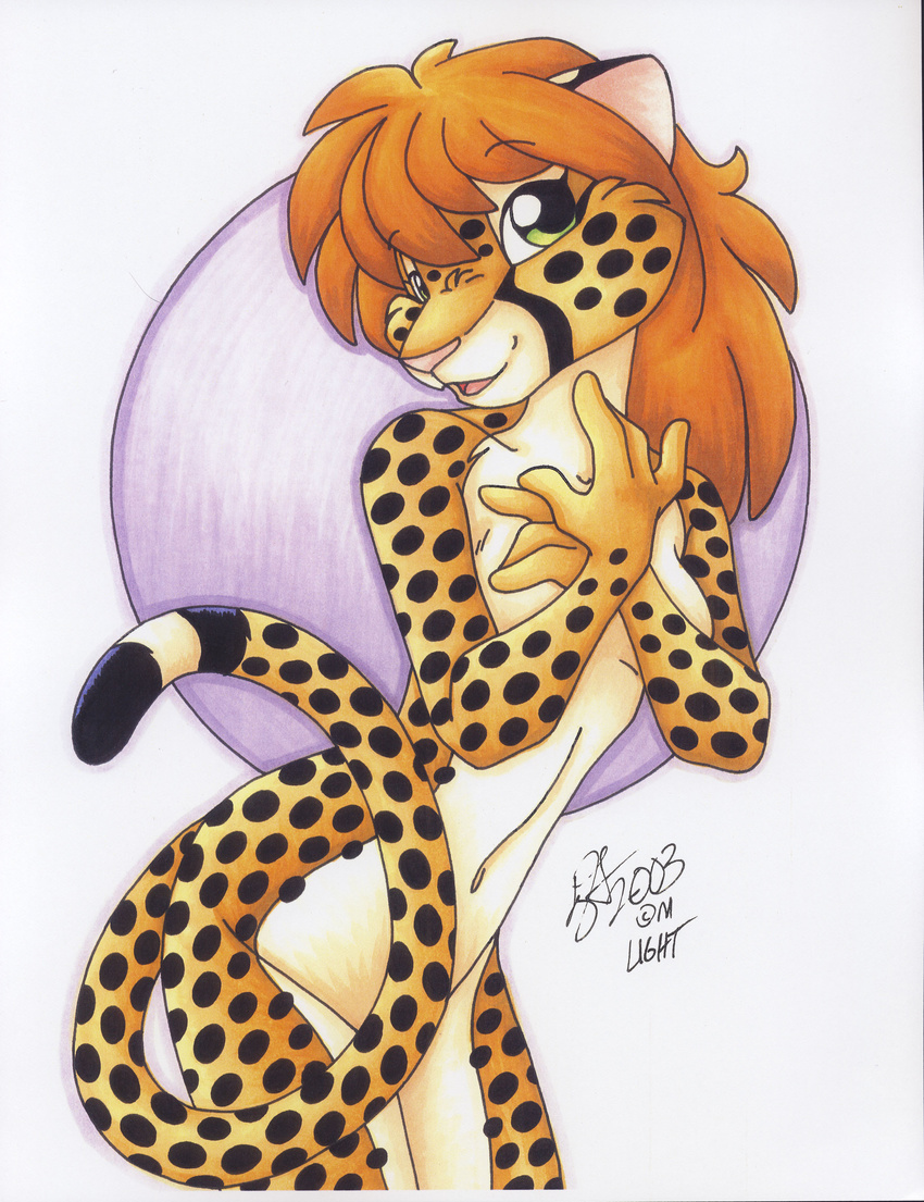 2003 breasts cheetah covering_breasts feline female hi_res looking_at_viewer michele_light nude solo standing