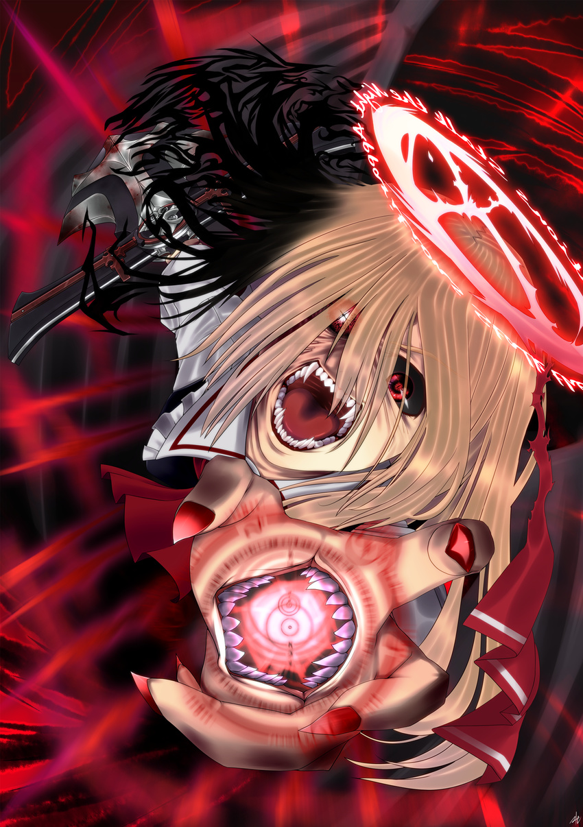 absurdres bad_id bad_pixiv_id black_sclera blonde_hair ex-rumia highres kumonji_aruto red_eyes ribbon rumia solo sword touhou weapon