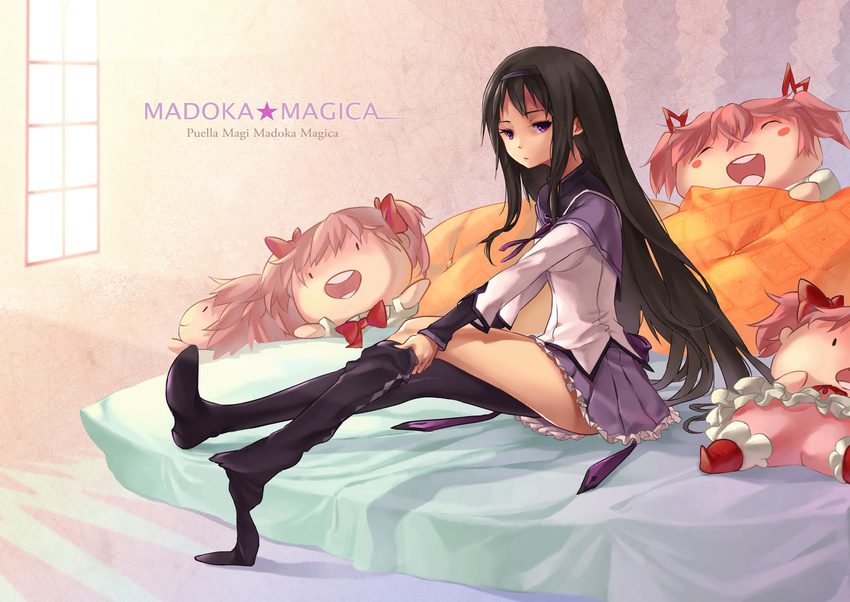 akemi_homura bed black_hair character_doll doll dressing full_body hairband highres hong_(luckeydog) kaname_madoka long_hair mahou_shoujo_madoka_magica open_mouth pillow pink_hair purple_eyes putting_on_shoes short_twintails skirt solo thighhighs twintails window |_|