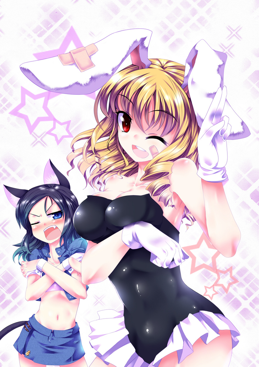 animal_ears bandaid bare_shoulders black_hair blonde_hair blue_eyes blue_hair blush breast_envy breasts bunny_ears cat_ears cleavage covering fang flat_chest gloves highres huangquan_dong_(sinchi) large_breasts looking_at_breasts multiple_girls navel one_eye_closed original red_eyes star