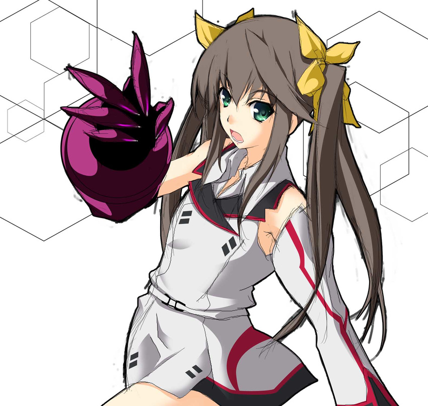 bare_shoulders brown_hair female gauntlet gauntlets green_eyes hair_ribbon highres huang_lingyin infinite_stratos long_hair open_mouth ribbon school_uniform solo twintails uniform white_background