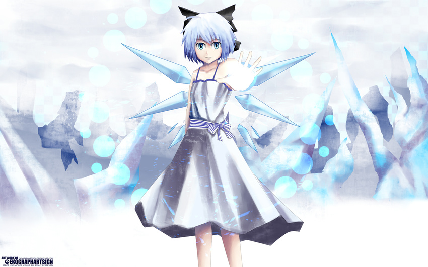 blue_hair bow cirno dress touhou wings