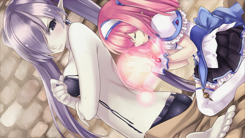 agarest_senki_(series) agarest_senki_2 ass barefoot blush closed_eyes earrings elf fiona_(agarest_senki) frills game_cg gloves glowing hairband hirano_katsuyuki injury jewelry long_hair mervina_(agarest_senki) multiple_girls pink_hair pointy_ears pointy_hair skirt thighhighs