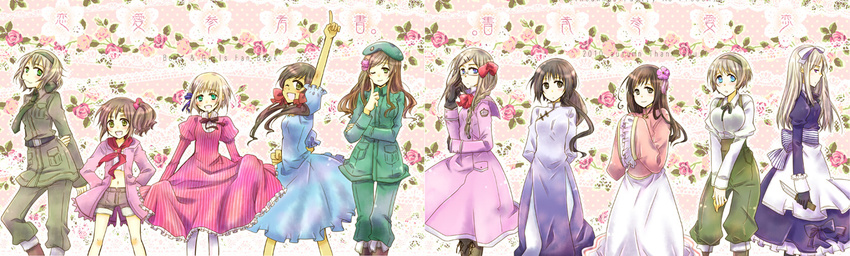 :3 ao_(haguruma_koubou) axis_powers_hetalia belarus_(hetalia) belgium_(hetalia) blonde_hair blue_eyes boots bow braid brown_eyes brown_hair glasses gloves green_eyes hair_bow hair_ornament hair_over_shoulder hair_ribbon hairclip hat headband hungary_(hetalia) knife liechtenstein_(hetalia) long_hair midriff military military_uniform monaco_(hetalia) multiple_girls one_eye_closed pantyhose ponytail principality_of_wy_(hetalia) ribbon seychelles_(hetalia) short_hair shorts side_ponytail single_braid taiwan_(hetalia) ukraine_(hetalia) uniform vietnam_(hetalia) white_legwear