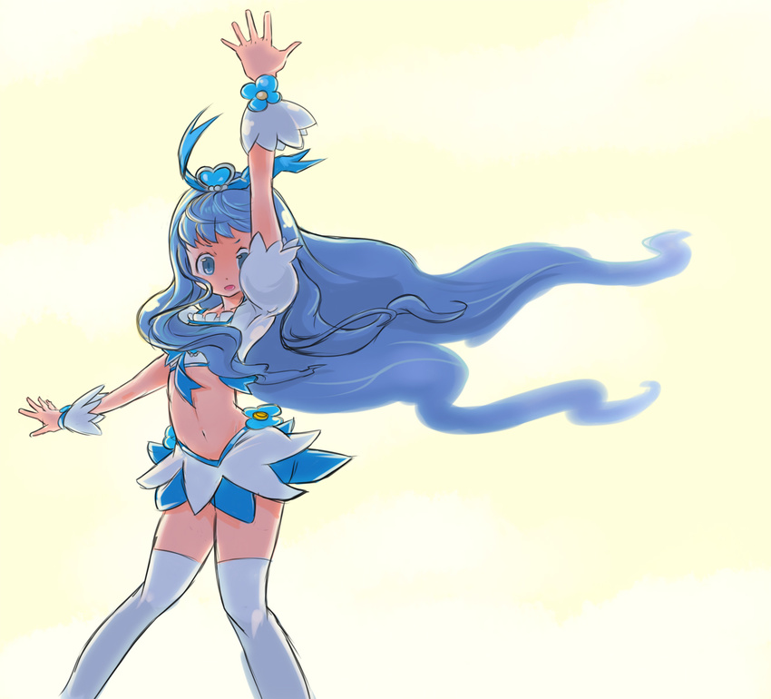 adapted_costume blue_eyes blue_hair blue_skirt bow cure_marine flower heart heartcatch_precure! highres kurumi_erika long_hair magical_girl midriff navel okera open_mouth pose precure skirt solo thighhighs wrist_cuffs