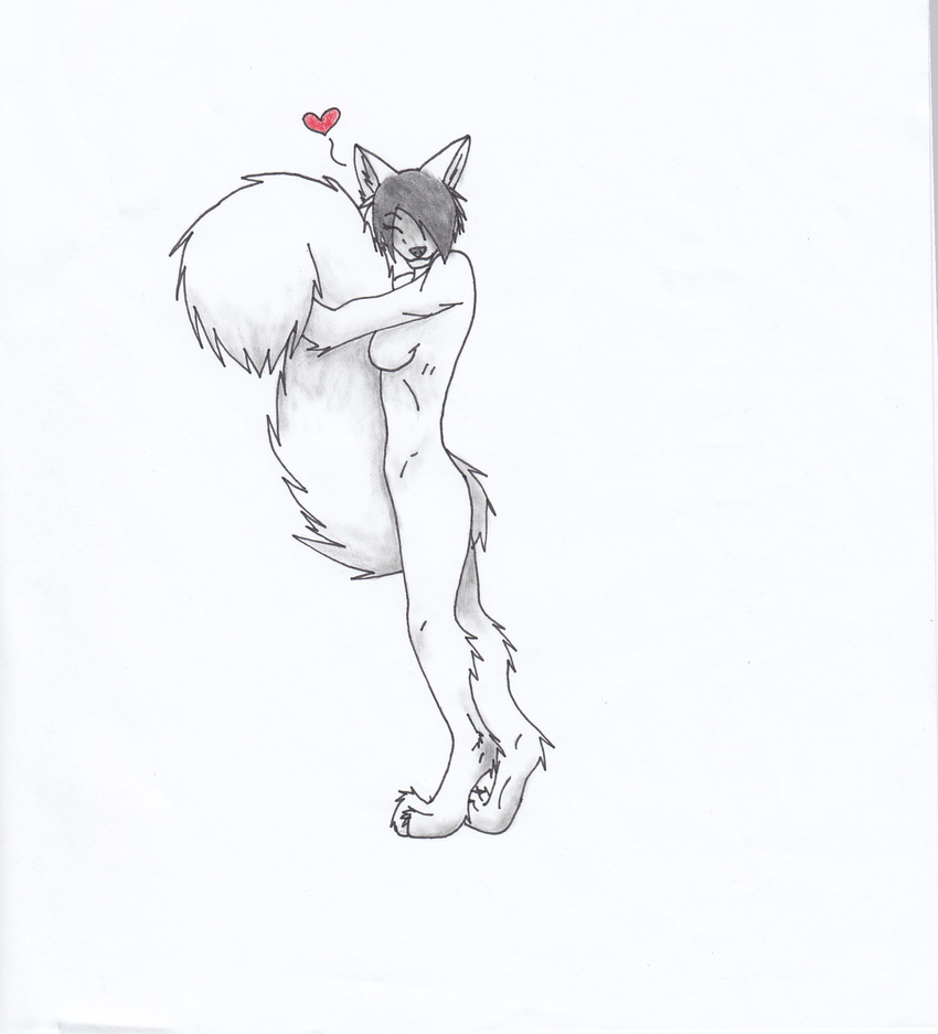 &hearts; breasts canine cute female fluffy hi_res hugging_tail jag nude side_boob solo tail wolf