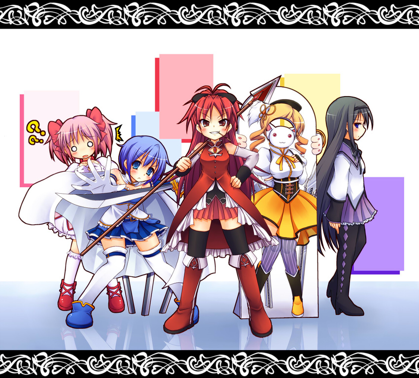 ? akemi_homura argyle argyle_legwear beret black_hair blonde_hair blue_eyes blue_hair boots bow cape corset detached_sleeves drill_hair gloves grey_legwear gun hair_bow hair_ornament hairpin hat iwanosuke kaname_madoka kyubey long_hair magical_girl magical_musket mahou_shoujo_madoka_magica miki_sayaka multiple_girls o_o pantyhose photo_prop pink_hair pleated_skirt polearm puffy_sleeves red_eyes red_hair ribbon rifle sakura_kyouko sentai shirt shoes skirt spear striped striped_legwear sword taut_clothes taut_shirt thighhighs tomoe_mami twin_drills twintails vertical-striped_legwear vertical_stripes weapon white_gloves zettai_ryouiki